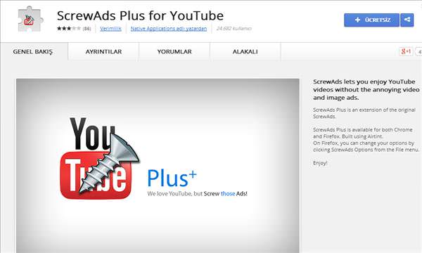 Eklentimiz : ScrewAds Plus for YouTube